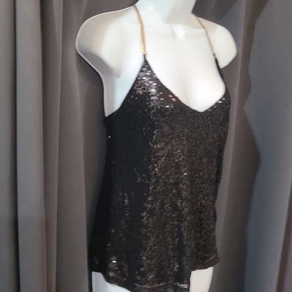 Black and Gold Chain Sequin Halter Top Sparkly Sequin Top - Picture 7 of 14